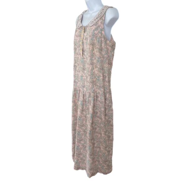 Vintage 80s Cottage Prairie Boho Calico Floral Drop Waist Lace Collar Dress M/L - Picture 6 of 8